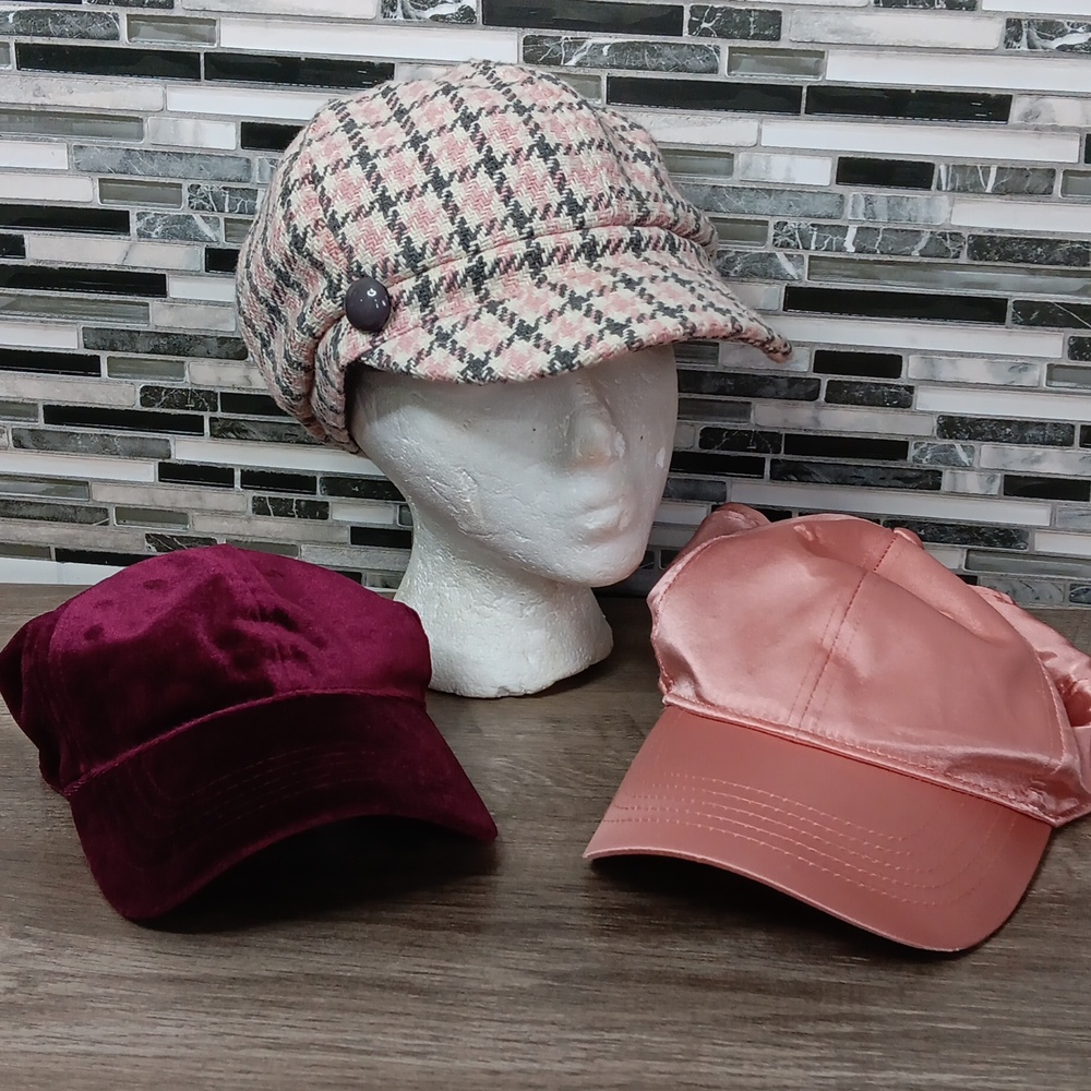 Stylish Hats Wool Paperboy Caps Pink Grey Cap Burgundy Velvet & Rose Satin 3pc - Picture 2 of 13